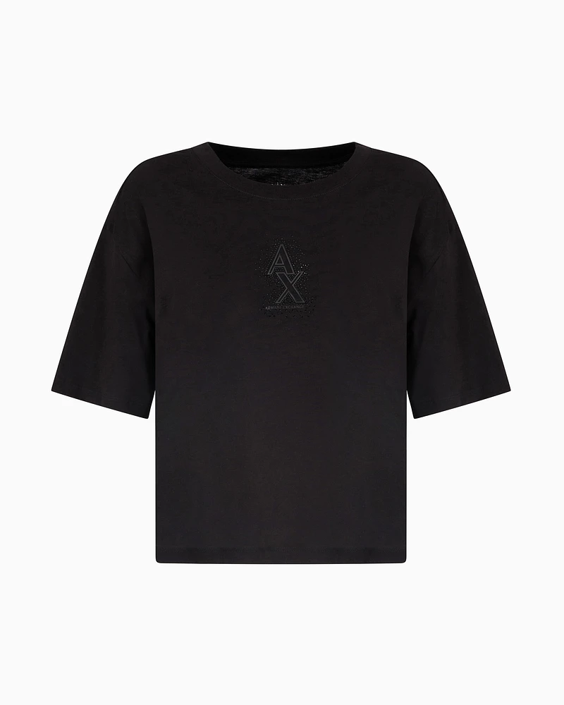 Armani Exchange - Cropped T-shirt with rhinestone logo, Woman, Black, Size: