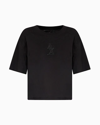 Armani Exchange - Cropped T-shirt with rhinestone logo, Woman, Black, Size: