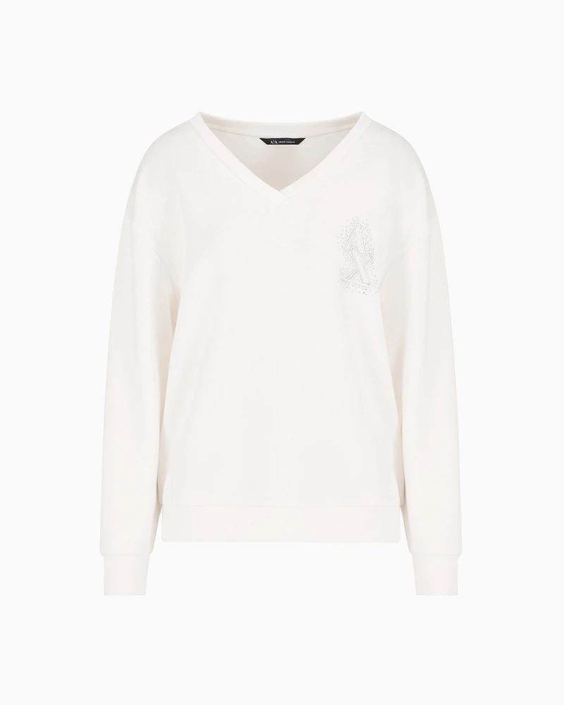 Armani Exchange - V-neck sweatshirt with rhinestone logo, Woman, White, Size: