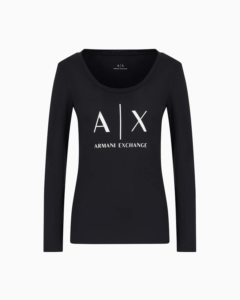 Armani Exchange - Pima Cotton Print Long Sleeve T-Shirt, Woman, Black, Size: