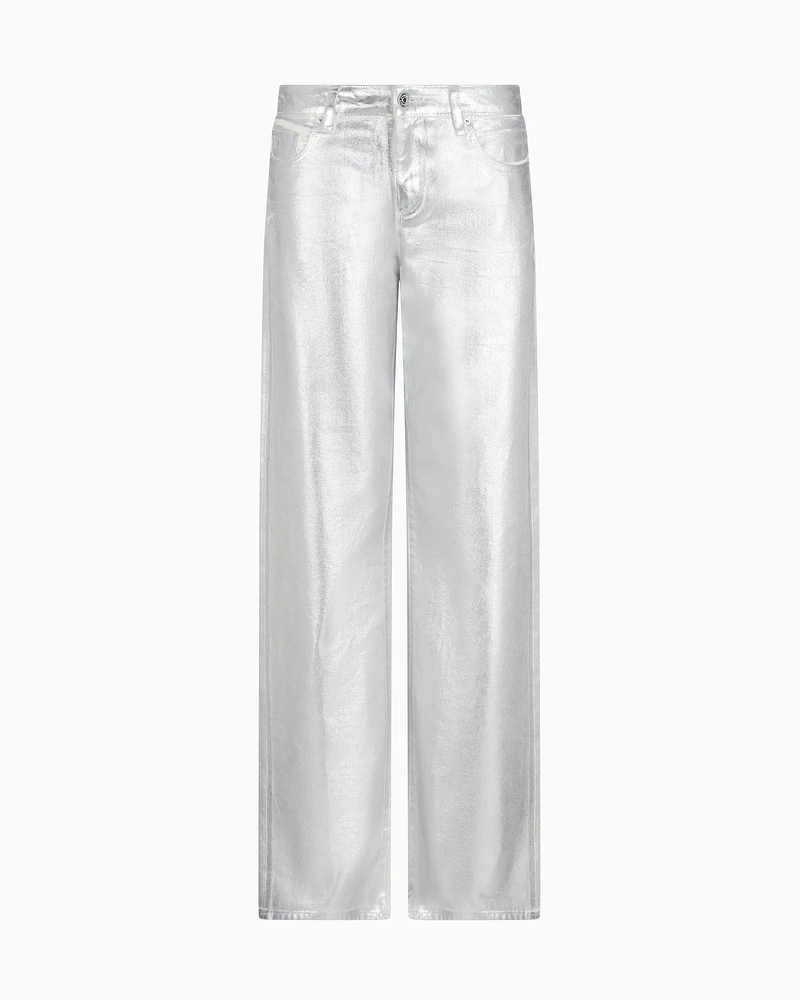 Armani Exchange - Metallic Stiff Cotton Trousers, Woman, Silver, Size: