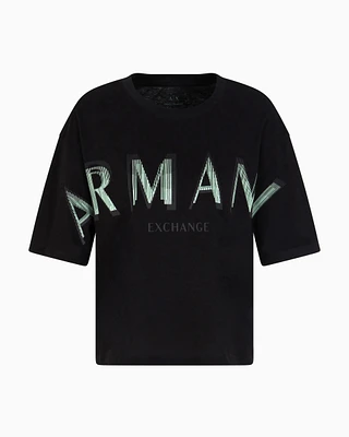 Armani Exchange - Cropped T-shirt with optical effect logo, Woman, Black, Size: M