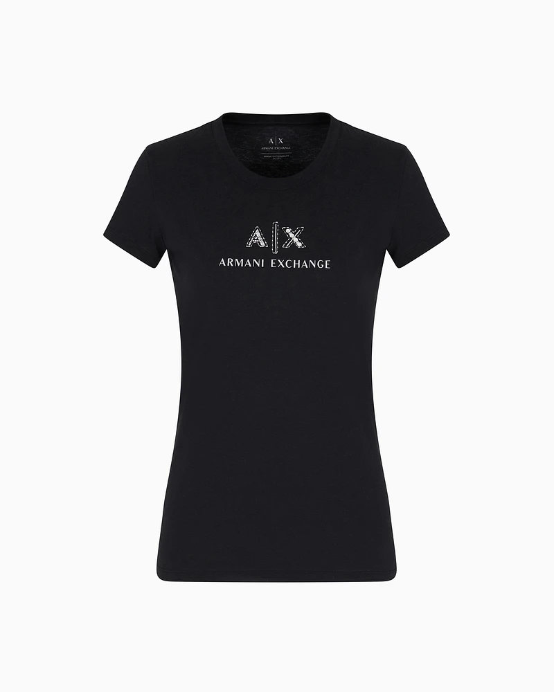 Armani Exchange - Slim fit T-shirt with logo and rhinestones, Woman, Black, Size: