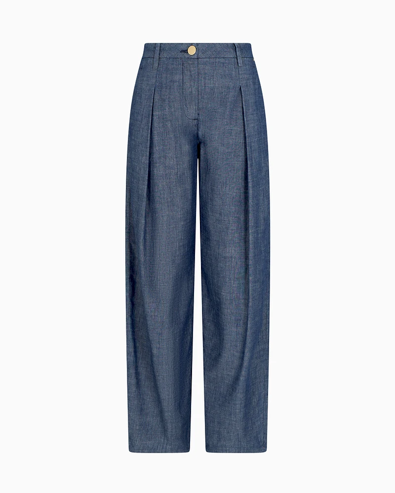 Armani Exchange - Chambray trousers with pleats, Woman, Blue, Size: 4