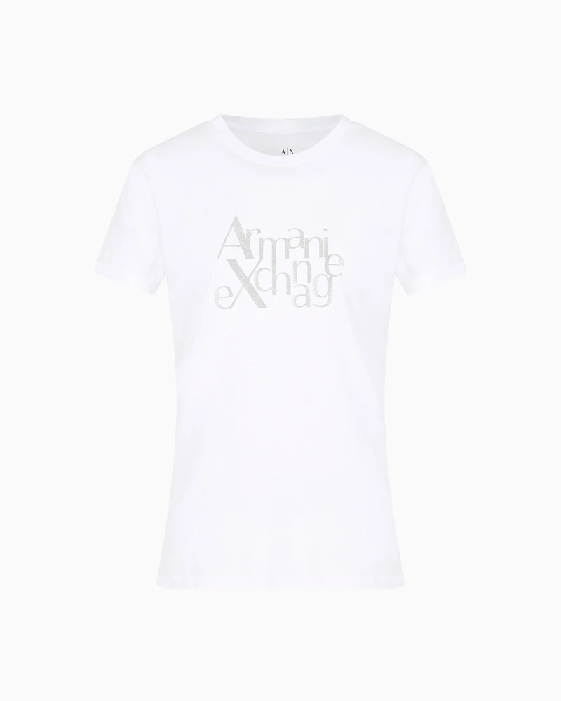 Armani Exchange - Regular fit T-shirt with ASV glitter logo, Woman, White, Size: