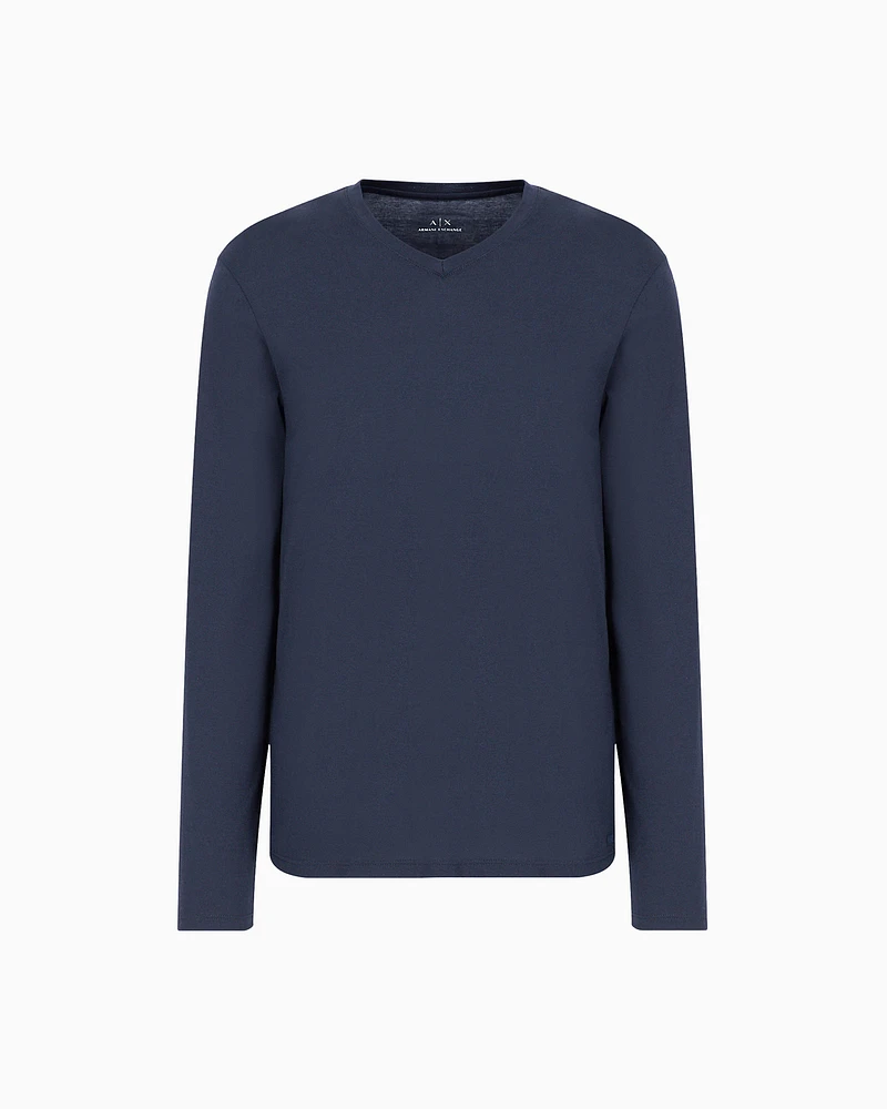 Armani Exchange - Pima Cotton Long Sleeve V-Neck T-Shirt, Man, Navy Blue, Size: XL