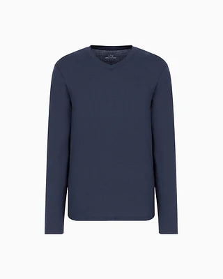 Armani Exchange - Pima Cotton Long Sleeve V-Neck T-Shirt, Man, Navy Blue, Size: XL