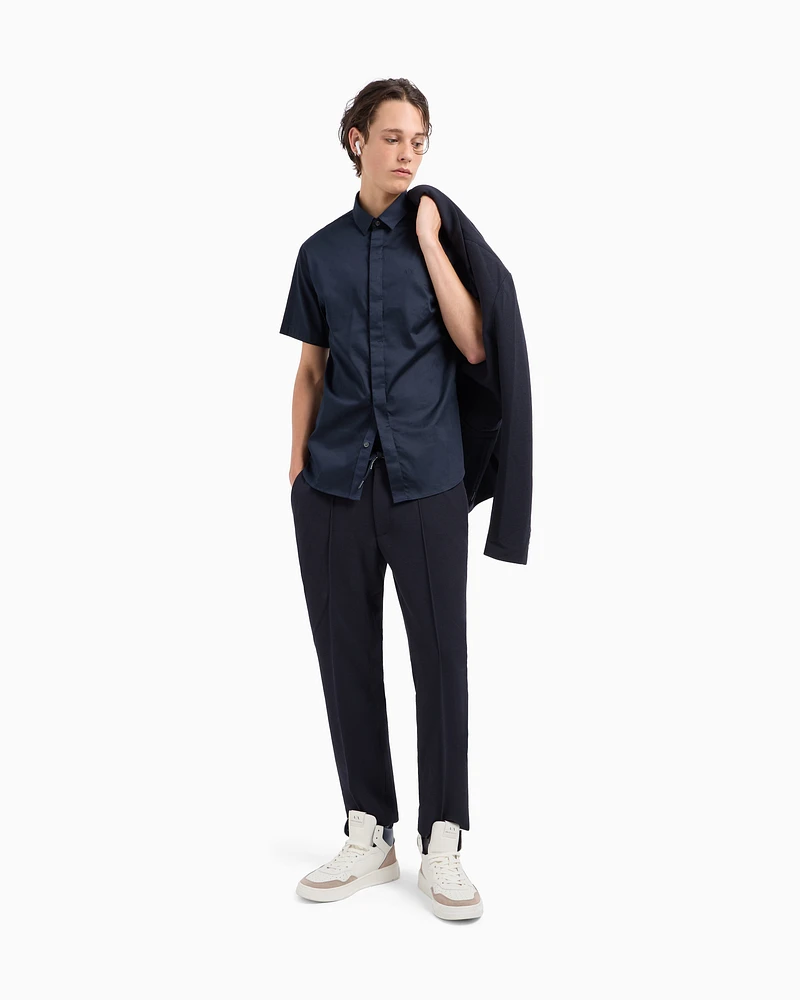 Armani Exchange - Slim fit short sleeve shirt in stretch satin, Man, Navy Blue, Size: S