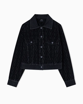 Armani Exchange - TONE ON CROPPED ALL OVER LOGO DENIM JACKET, Woman, Black, Size: