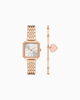 Armani Exchange - Armani Exchange Three-Hand Rose Gold-Tone Stainless Steel Watch and Bracelet Set, Woman, Multicoloured, Size: TU