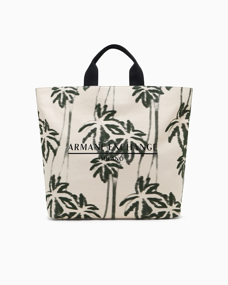 Armani Exchange - Palm-patterned cotton shopper bag, Man, White, Size: TU