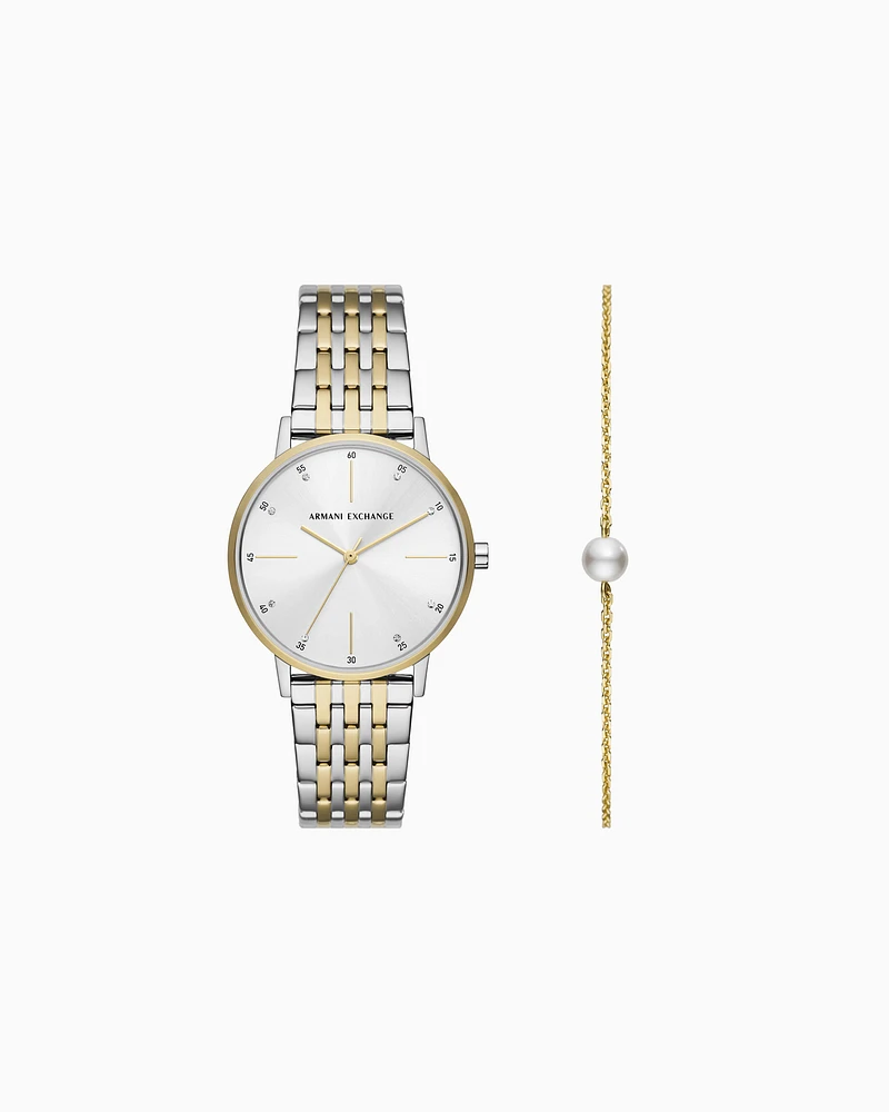 Armani Exchange - Two-tone three-hand stainless steel watch and bracelet set, Woman, Multicoloured, Size: TU