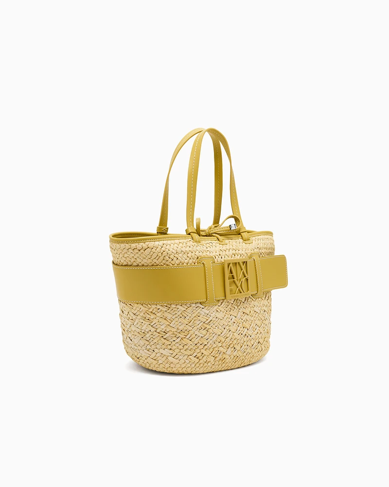 Armani Exchange - Straw shopper bag with logo band, Woman, Yellow, Size: TU