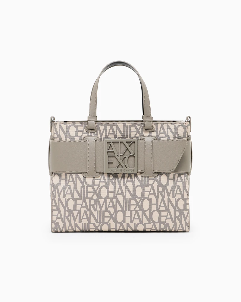 Armani Exchange - Large tote bag with double handles and shoulder strap, Woman, Beige, Size: TU