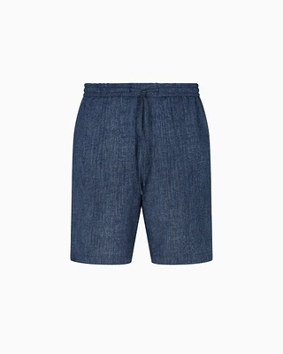 Emporio Armani - Drawstring Bermuda shorts printed seersucker fabric, Man, Blue, Size: