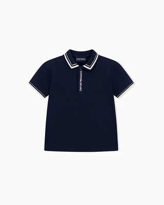 Emporio Armani - Piqué jersey polo shirt with piping detail, Boy, Navy Blue, Size: