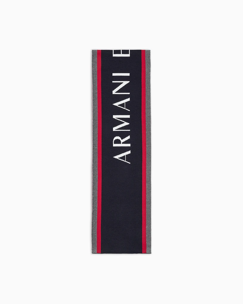 Armani Exchange - WOOL BLEND SCARF WITH LOGO LETTERING, Man, Blue, Size: TU