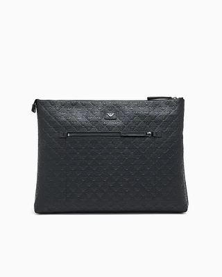 Emporio Armani - Leather document holder with all-over embossed eagle , Man, Black, Size: TU