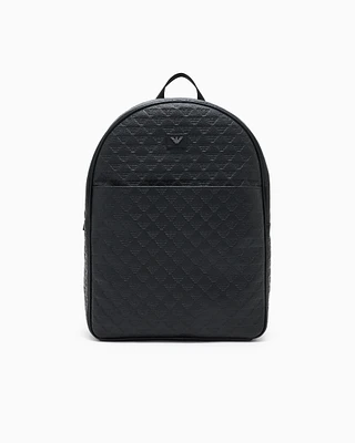 Emporio Armani - Leather backpack with all-over embossed eagle , Man, Black, Size: TU