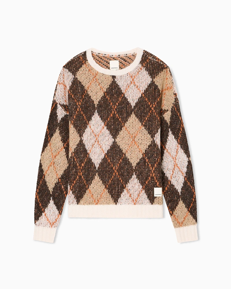 Emporio Armani - ASV New York Capsule Collection oversized jumper a jacquard wool blend with an Argyle motif, Man, Brown, Size: