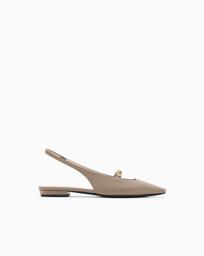 Emporio Armani - Nappa-leather slingback ballerinas with eagle plate, Woman, Brown, Size: