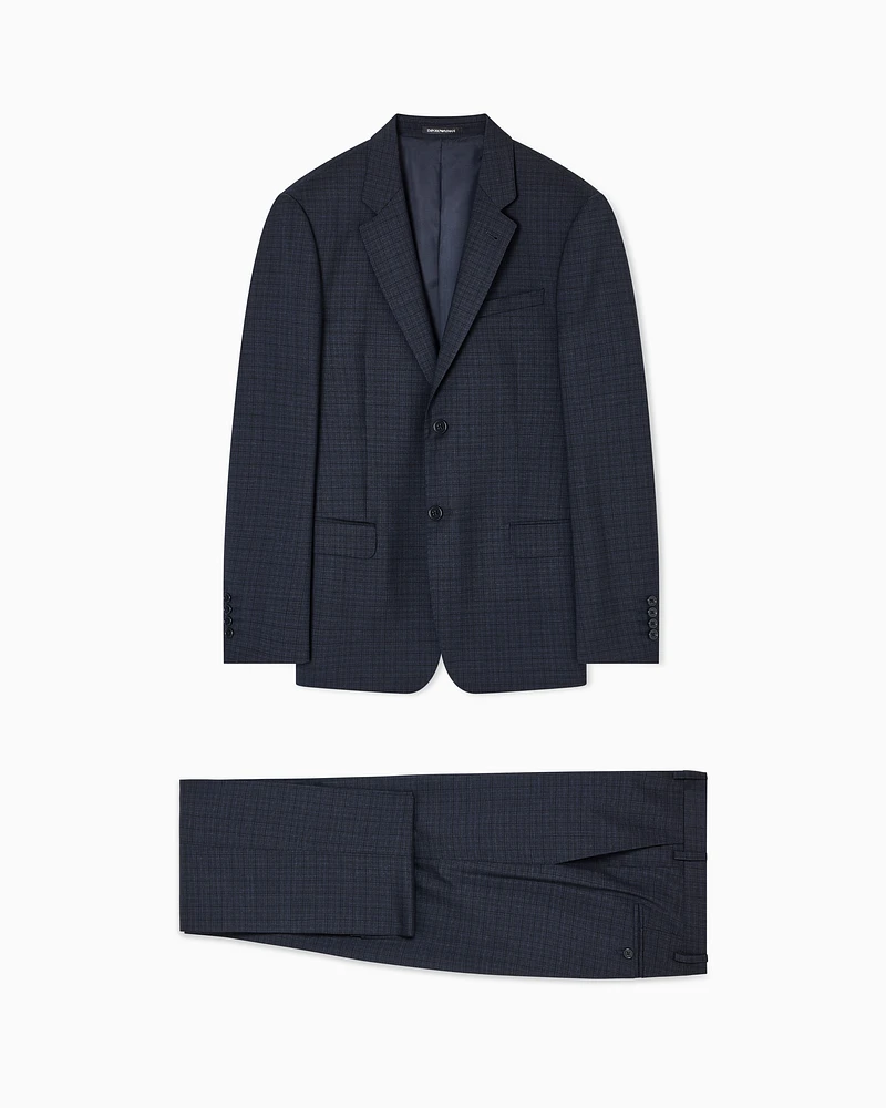 Emporio Armani - Single-breasted suit made of tropical light wool with a check motif, Man, Navy Blue, Size: