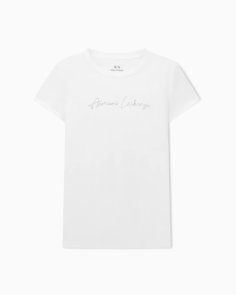 Armani Exchange - Slim fit T-shirt with glitter logo, Woman, White, Size: