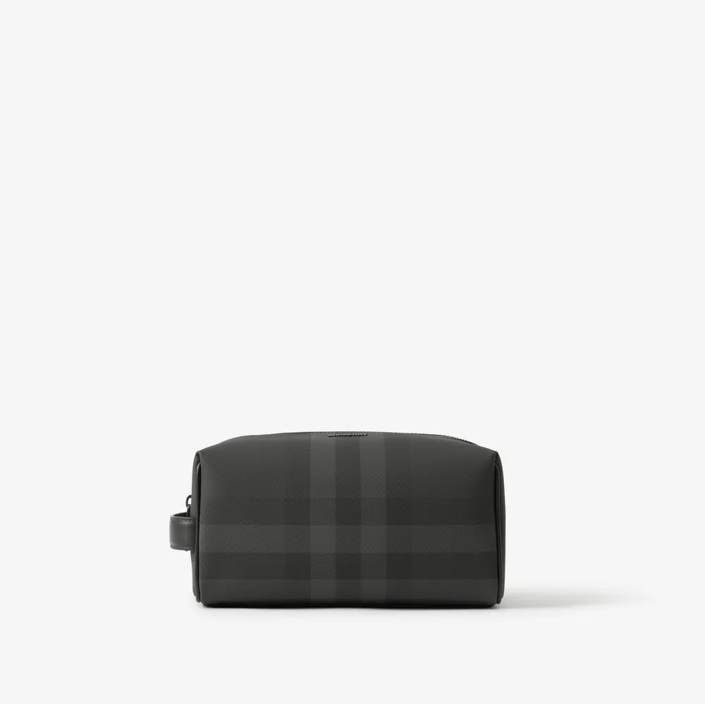 Check and Leather Travel Pouch in Charcoal - Men, Canvas | Burberry® Official