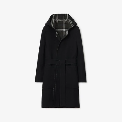 Reversible Wool Hooded Wrap Coat in Black/snug - Women | Burberry® Official