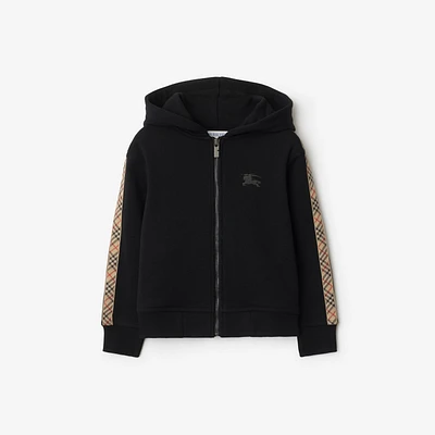 Check Trim Cotton Zip Hoodie in Black | Burberry® Official