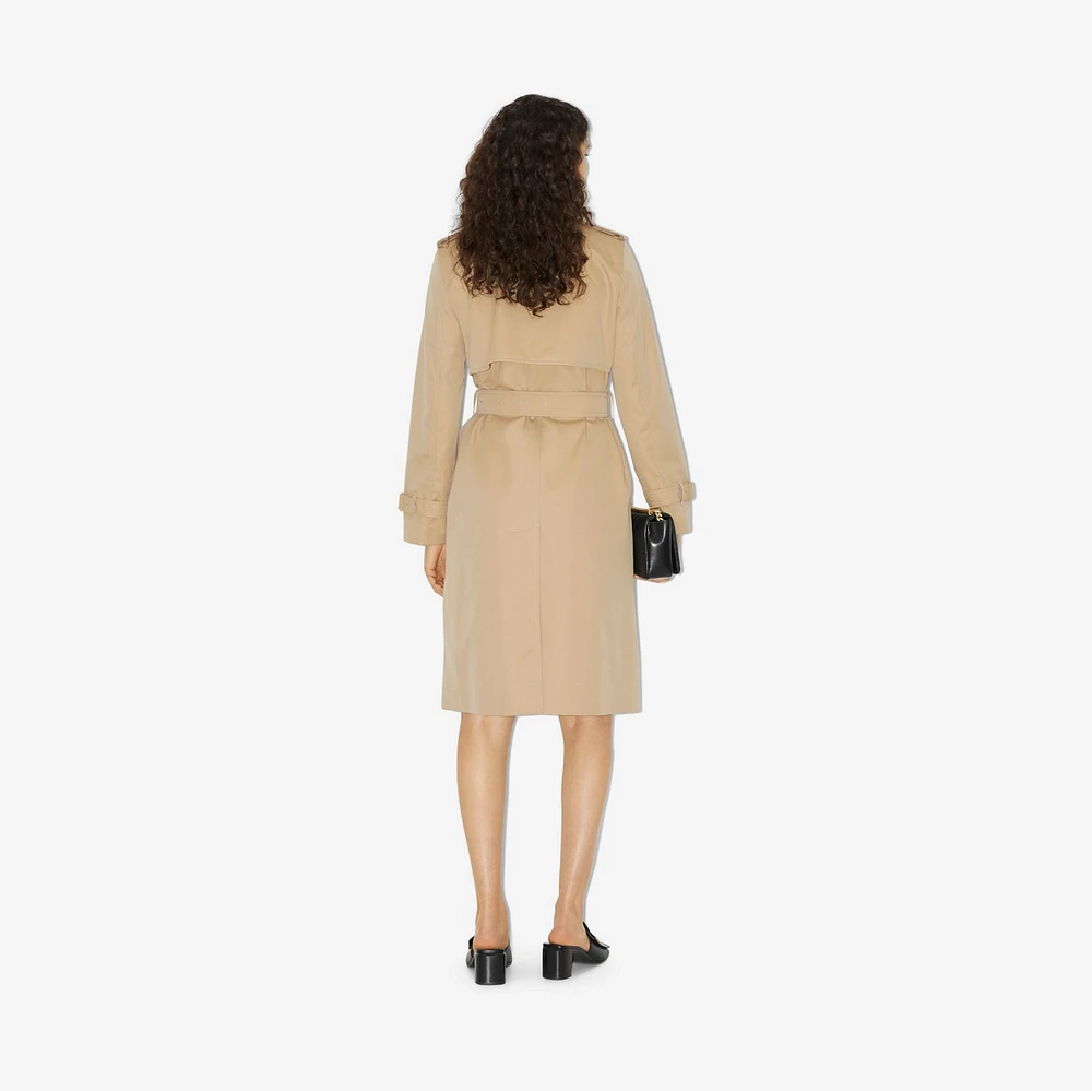 Long Check Collar Gabardine Trench Coat in Honey - Women, Cotton Gabardine | Burberry® Official