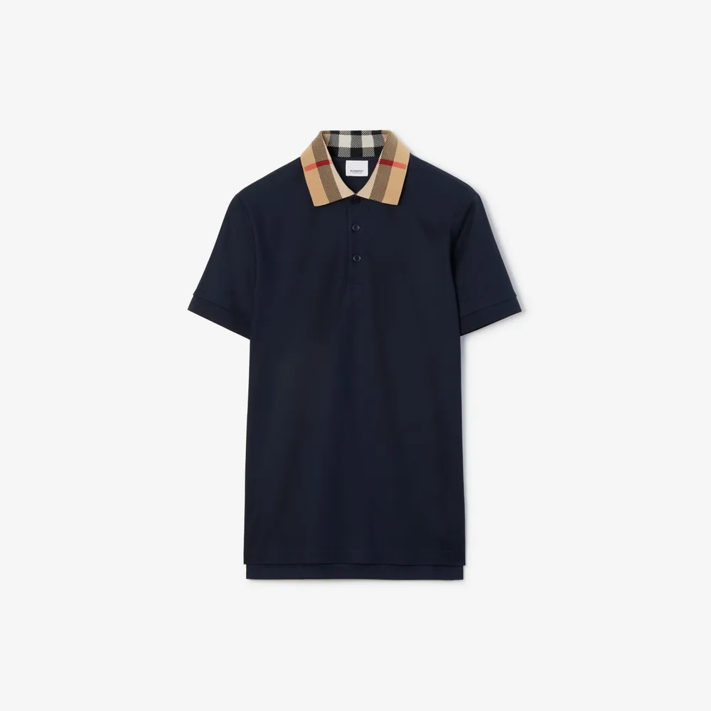 Check Collar Cotton Polo Shirt in Smoked navy - Men | Burberry® Official