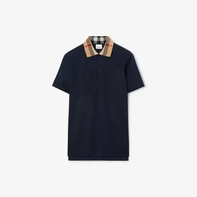 Check Collar Cotton Polo Shirt in Smoked navy - Men | Burberry® Official