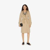 Long Check Collar Gabardine Trench Coat in Honey - Women, Cotton Gabardine | Burberry® Official