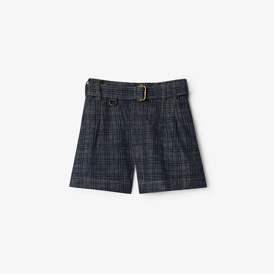 Belted Check Denim Shorts in Indigo - Women, Cotton | Burberry® Official
