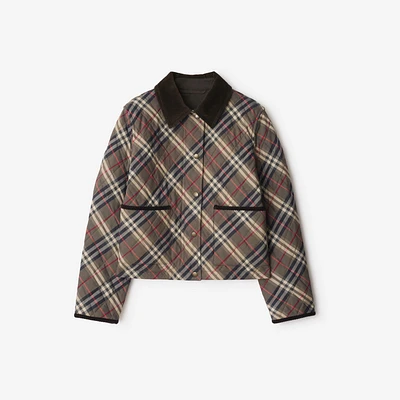 Cropped Check Quilted Cotton Jacket in Moss brown/ink grey - Women | Burberry® Official