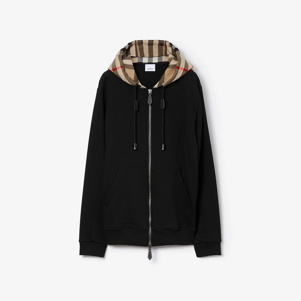 Check Hood Cotton Zip Hoodie in Black/archive beige - Men | Burberry® Official