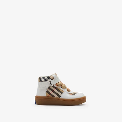 Check and Leather High-top Sneakers in Sand