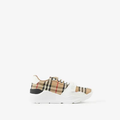Check and Leather Sneakers in Archive beige - Women | Burberry® Official