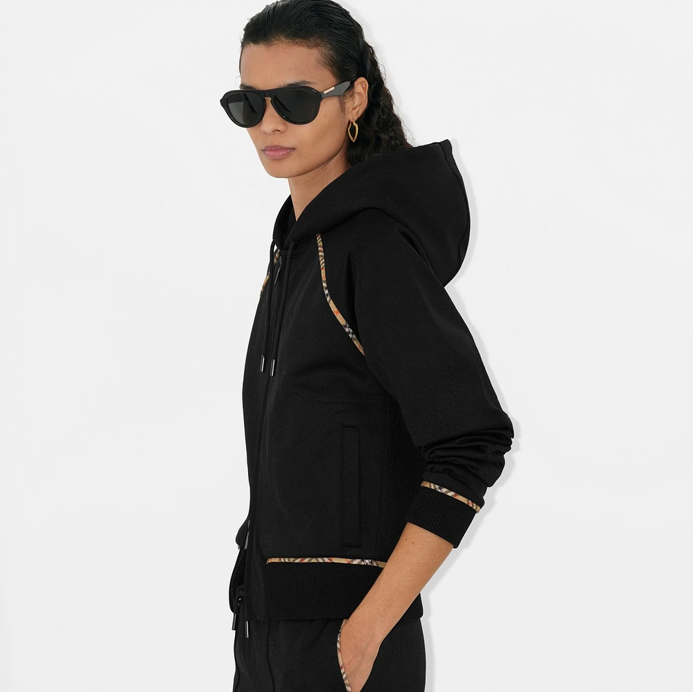Check Trim Cotton Blend Zip Hoodie in Black - Women | Burberry® Official