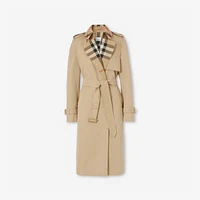 Long Check Collar Gabardine Trench Coat in Honey - Women, Cotton Gabardine | Burberry® Official