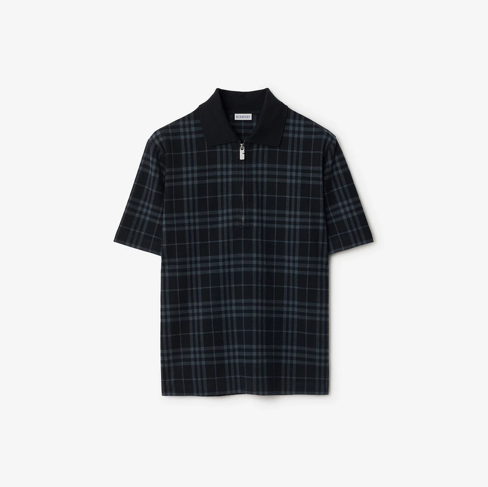 Check Stretch Cotton Blend Polo Shirt in Ink - Men, Nylon | Burberry® Official