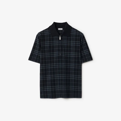 Check Stretch Cotton Blend Polo Shirt in Ink - Men, Nylon | Burberry® Official