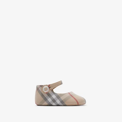 Check Cotton Mary Jane Flats in Pale stone - Children | Burberry® Official