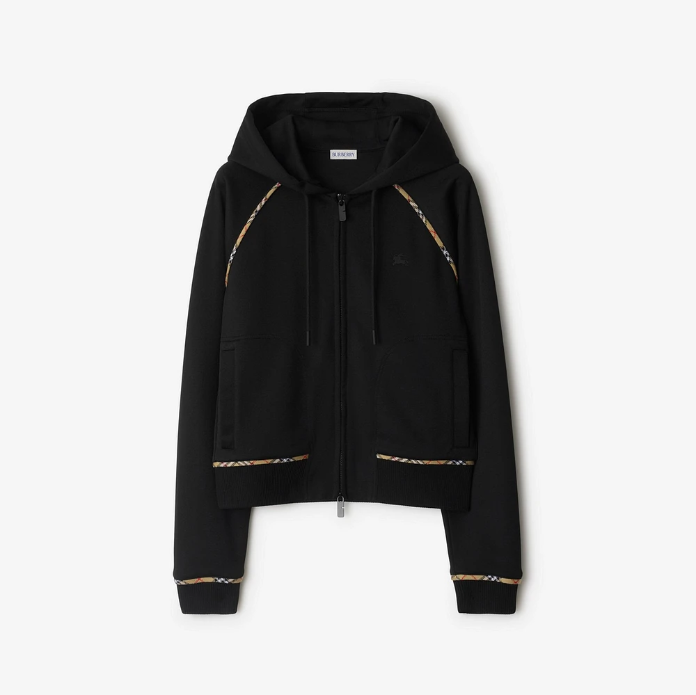 Check Trim Cotton Blend Zip Hoodie in Black - Women | Burberry® Official