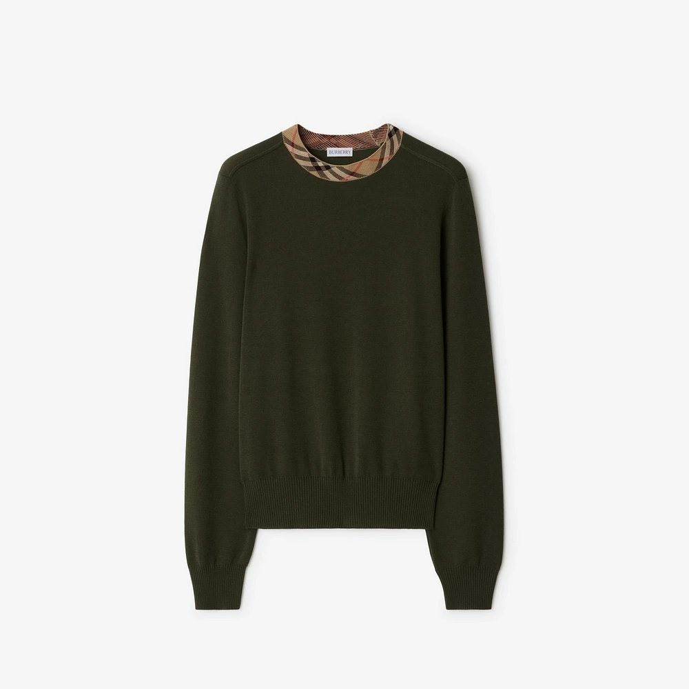 Check Trim Wool Sweater in Shale - Women | Burberry® Official