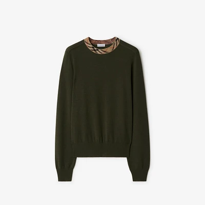 Check Trim Wool Sweater in Shale - Women | Burberry® Official