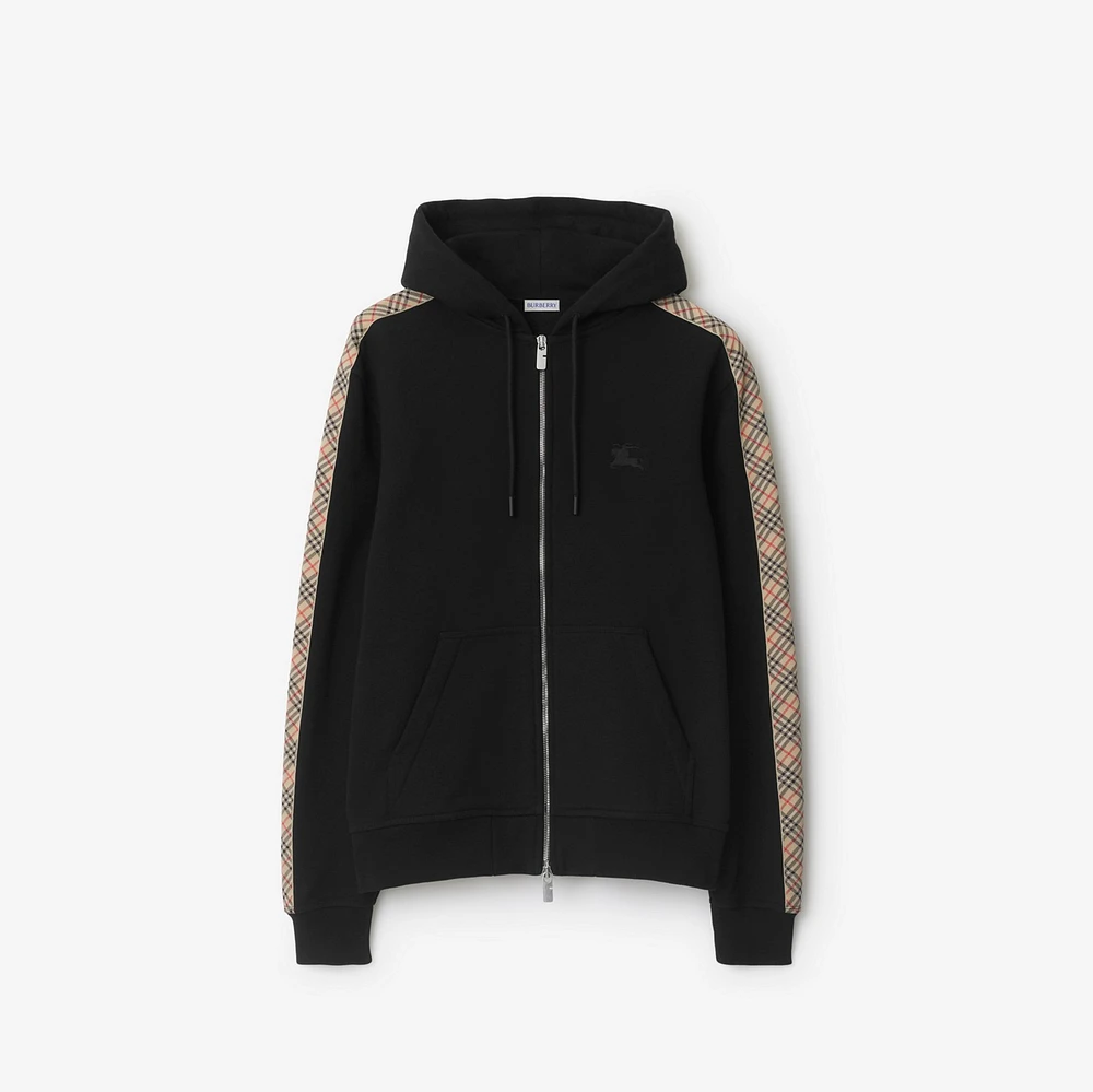 Check Trim Cotton Zip Hoodie in Black - Men | Burberry® Official