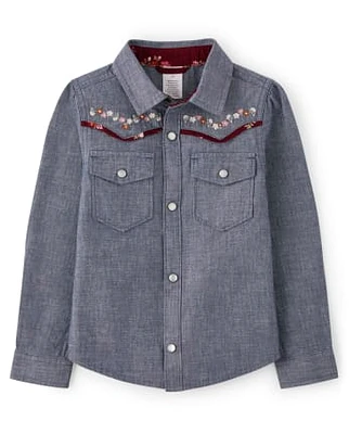 Girls Embroidered Flower Chambray Top - County Fair