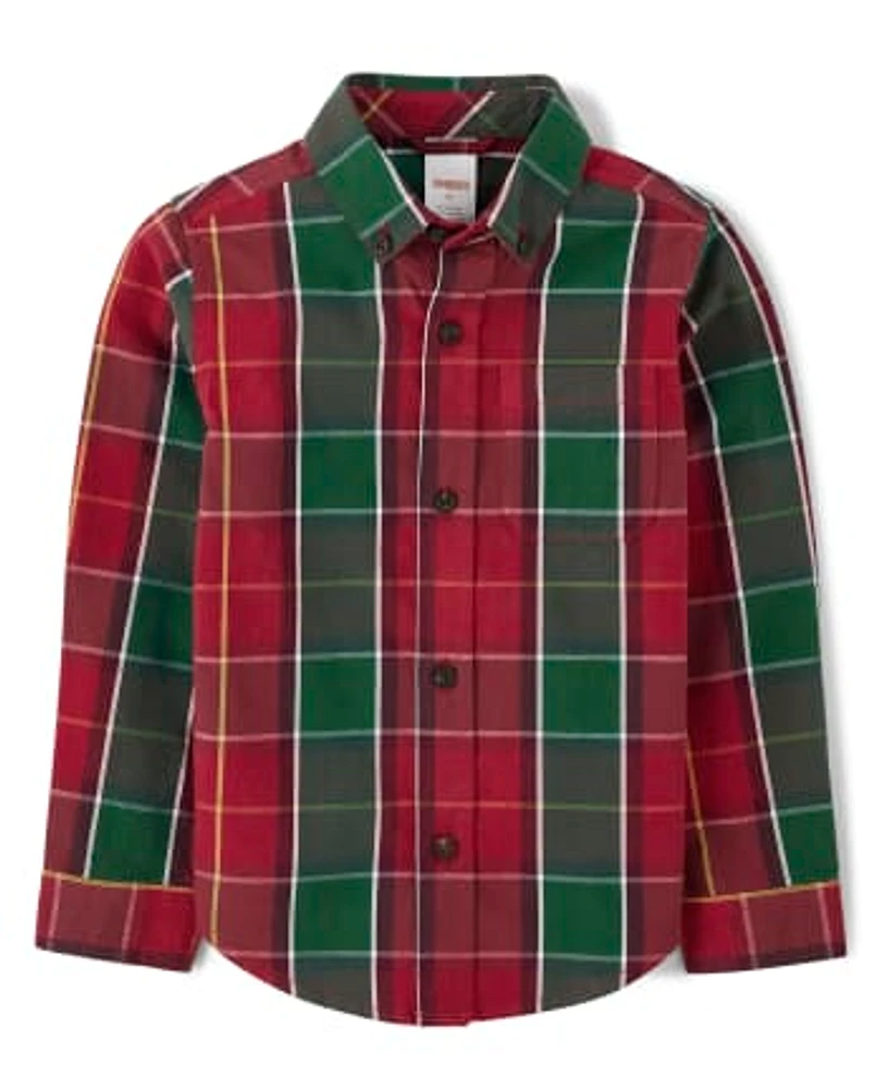 Boys Matching Family Plaid Button Up Shirt - Holiday Traditions